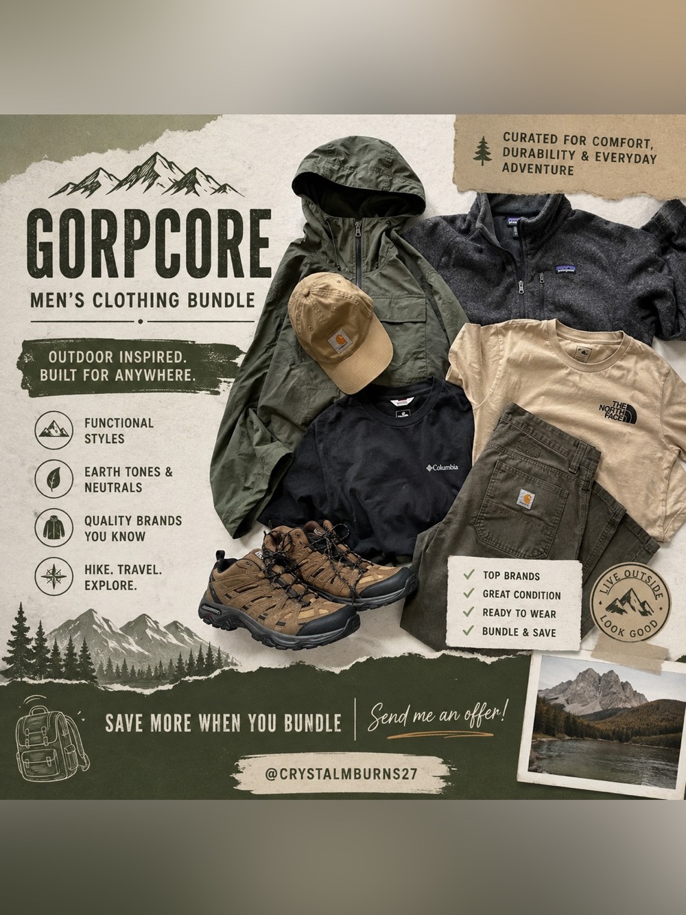 Men’s gorpcore bundle outdoor tech wear hiking fleece camping layering weather